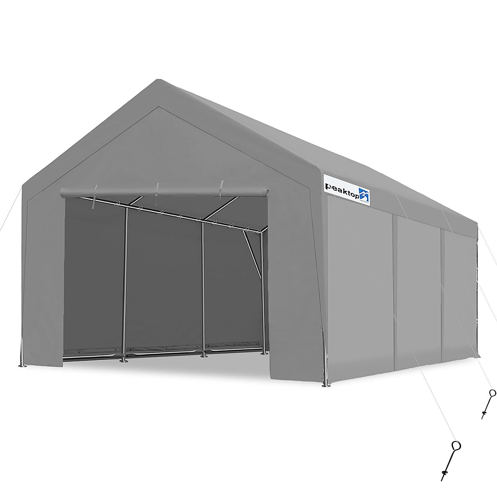 PEAKTOP OUTDOOR 12x20 ft Heavy Duty Carports, Portable Car Canopy, Garage Tent, Boat Shelter with Reinforced Triangular Beams and Ground Bar, Removable Sidewall & Zipper Doors, Grey