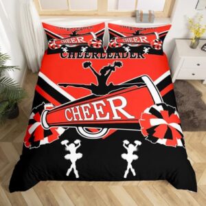 Erosebridal Cute Cheerleader Bedding Full Size Black and Red Duvet Cover, Cheerleading Comforter Cover Dancer Theme Bed Set, Cheerleading Dance Quilt Cover for Girls Bedroom Decor