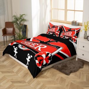 Erosebridal Cute Cheerleader Bedding Full Size Black and Red Duvet Cover, Cheerleading Comforter Cover Dancer Theme Bed Set, Cheerleading Dance Quilt Cover for Girls Bedroom Decor