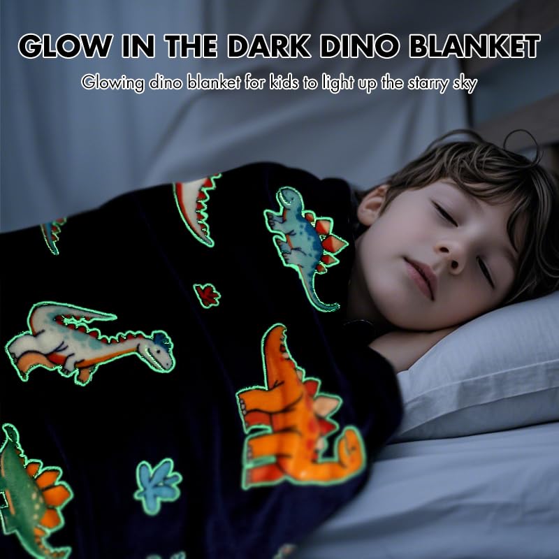 Glow in The Dark Dinosaur Blanket, Dinosaur Gifts Toys for Boys Kids, Best Christmas Birthday Valentine's Day Easter Presents for Kids Age 1-12 Year Old, Child Toddler Teen Soft Cozy Throw 50"x60"