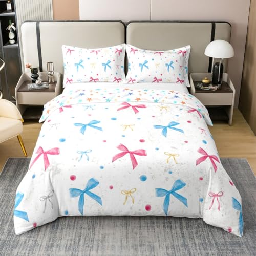 jejeloiu Girls Bowknot Duvet Cover Set 100% Cotton Twin Size Kids Dreamy Princess Style Bedding Set Teens Girly Colorful Kawaii Comforter Cover Super Soft Blue Pink Cotton Duvet Cover 2Pcs