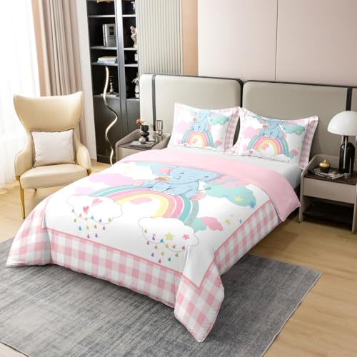 jejeloiu Cartoon Elephant Bedding Set Rainbow Print Comforter Cover Twin Size for Kids Boys Cute Animal Duvet Cover Set 100% Cotton Star Clouds Down Cotton Duvet Cover 2Pcs Pink White Plaid Girls