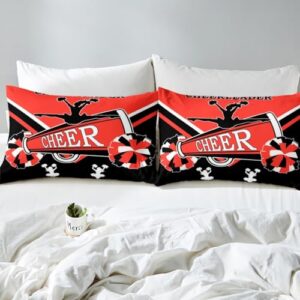 Erosebridal Cute Cheerleader Bedding Full Size Black and Red Duvet Cover, Cheerleading Comforter Cover Dancer Theme Bed Set, Cheerleading Dance Quilt Cover for Girls Bedroom Decor