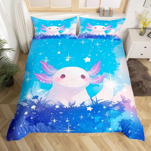 Feelyou Kids Cute Axolotl Bedding Set Twin Size, Galaxy Duvet Cover Cartoon Salamander Comforter Cover Boys Girls Glitter Rainbow Teens Bedspread Cover Bedroom Decor Zipper (No Comforter)