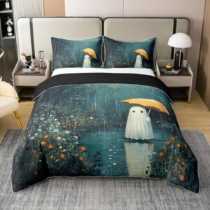 jejeloiu halloween ghost duvet cover set 100% cotton funny umbrella ghost bedding set full size for kids boys girls halloween decor happy halloween comforter cover soft cotton duvet cover 3pcs