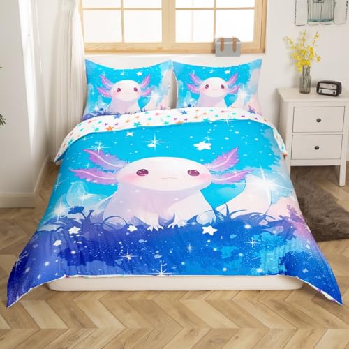 Feelyou Kids Cute Axolotl Bedding Set Twin Size, Galaxy Duvet Cover Cartoon Salamander Comforter Cover Boys Girls Glitter Rainbow Teens Bedspread Cover Bedroom Decor Zipper (No Comforter)