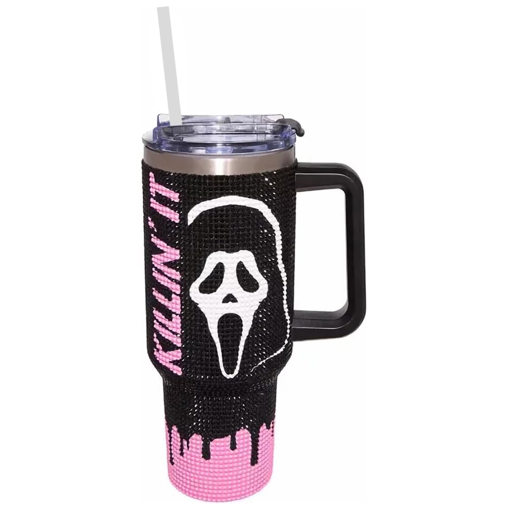 Halloween Ghost Killin'it Face Travel Scream Tumbler with Straw - Scream Cup, 40 oz Ghost Tumbler with Handle and Straw Lid, Halloween Ghost Face Cup