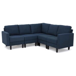 Kaimei Mirod 5-Piece L-Shaped Sofa, Navy Blue Fabric Sectional Sofa with Wooden Legs for Living Room