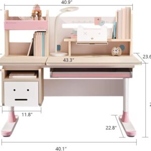 FCD Kids Desk and Chair Set, Ergonomic Wood Adjustable Kids Study Desk with Bookshelf, Tiltable Desktop, Tablet Holder and Drawers for Writing, Reading and Drafting (Desk and Chair, Pink)