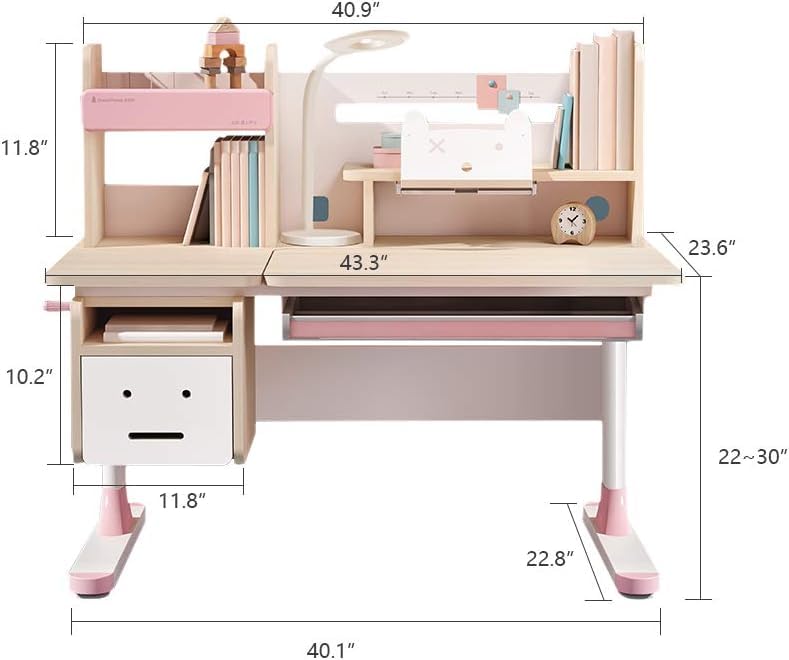 FCD Kids Desk and Chair Set, Ergonomic Wood Adjustable Kids Study Desk with Bookshelf, Tiltable Desktop, Tablet Holder and Drawers for Writing, Reading and Drafting (Desk and Chair, Pink)