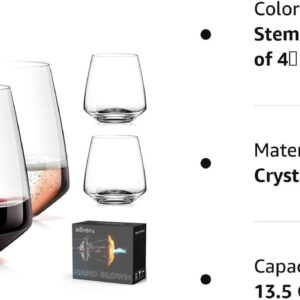 Stemless Wine Glasses Set of 4-13.5oz，Hand Blown Red White Wine Glasses - Unique gifts for him/her for Birthday, Wedding, Christmas, father's day, anniversary