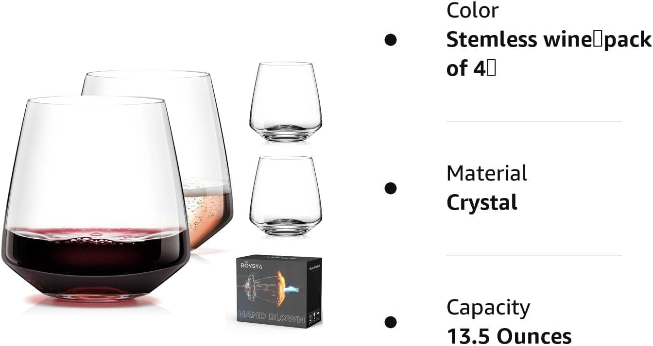 Stemless Wine Glasses Set of 4-13.5oz，Hand Blown Red White Wine Glasses - Unique gifts for him/her for Birthday, Wedding, Christmas, father's day, anniversary