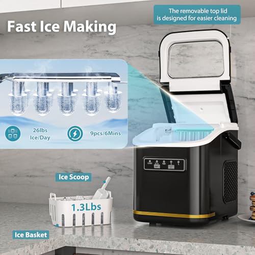 Electactic Ice Maker Machine Countertop Portable Compact Small Bullet Ice Maker with Self Cleaning,9 Cubes in 6 Mins,26lbs in 24Hrs, for Camping Dorm Home Outdoor