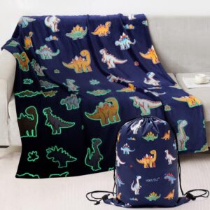 glow in the dark dinosaur blanket, dinosaur gifts toys for boys kids, best christmas birthday valentine's day easter presents for kids age 1-12 year old, child toddler teen soft cozy throw 50"x60"