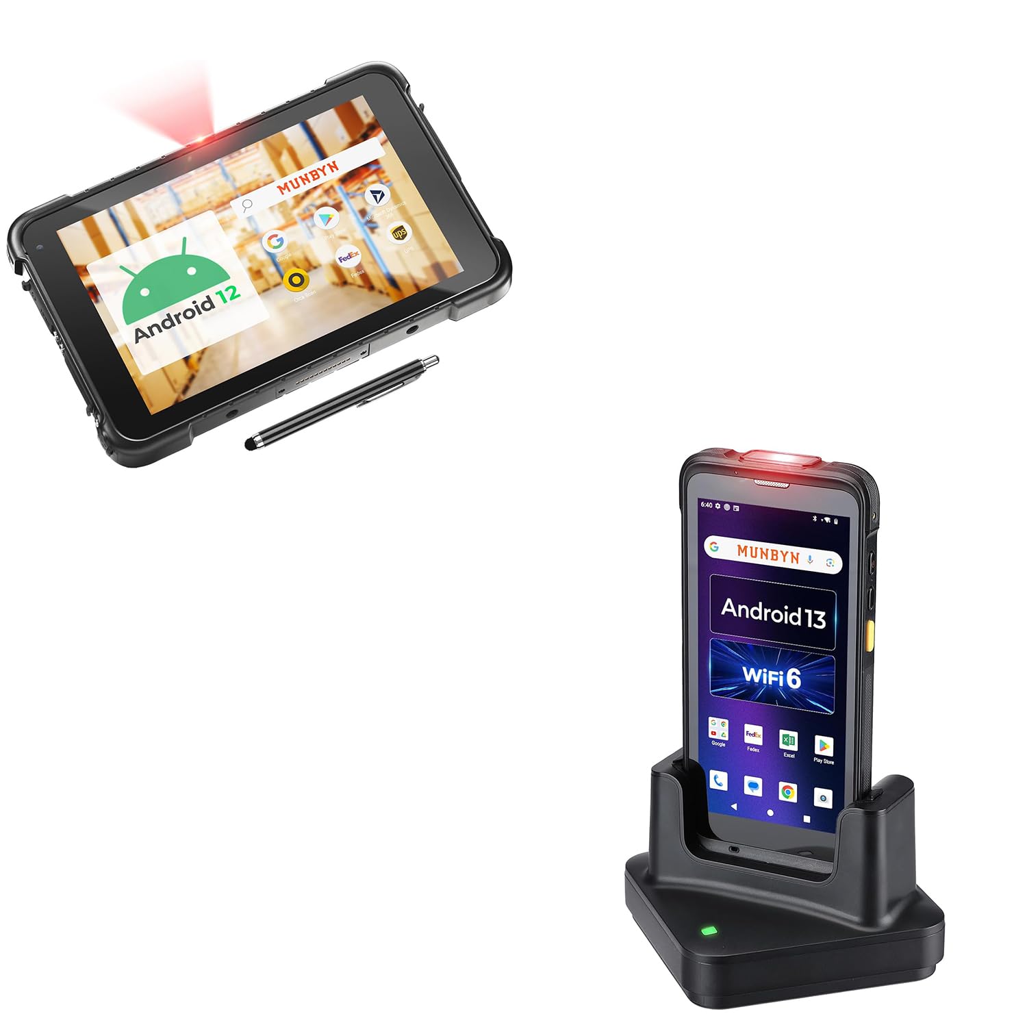 MUNBYN 2024 New Barcode Scanner Tablet, Android 12 8GB+128GB Barcode Tablet, 8" Equip with Zebra SE4710 Scanner, and 2024 Android 13 Barcode Scanner with 5.5" Full Screen & Dock Charger