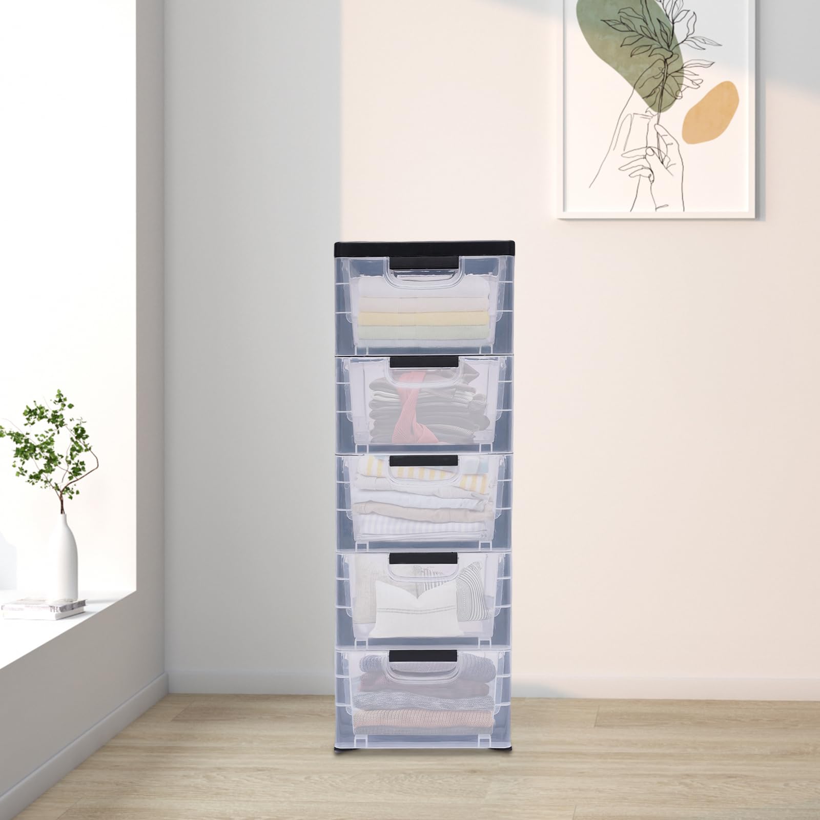 Large Storage Cabinet,5 Tiers Plastic Storage Drawer Cabinet Organizer Storage Box Stackable Movable -Transparent