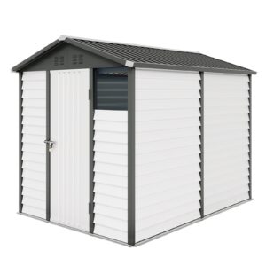 AMERLIFE 6.4x9x7 FT Outdoor Storage Shed, Blinds Design Metal Shed with Clear Window Lockable Hinged Door, Outdoor Shed for Backyard, Garden, Patio, Dark Grey/White