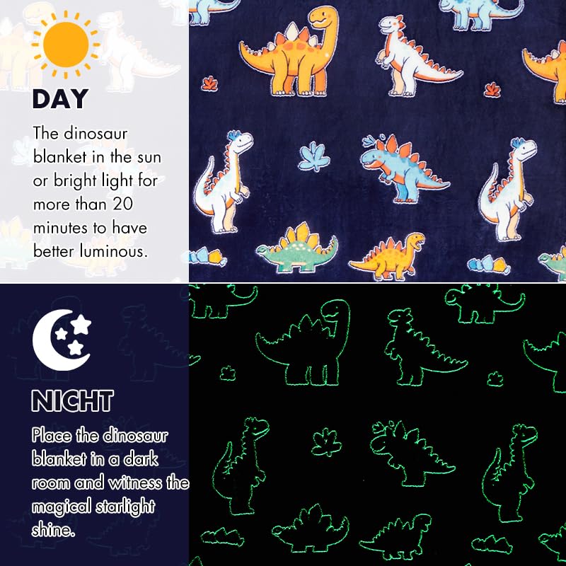 Glow in The Dark Dinosaur Blanket, Dinosaur Gifts Toys for Boys Kids, Best Christmas Birthday Valentine's Day Easter Presents for Kids Age 1-12 Year Old, Child Toddler Teen Soft Cozy Throw 50"x60"