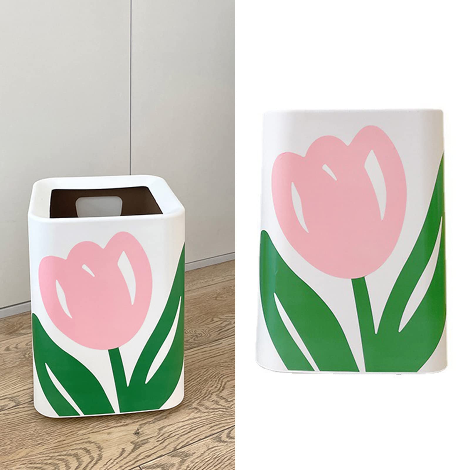 Floral Trash Can Large Mouth Cute Appearance Modern Style Garbage Waste Basket for Kitchen Bathroom Bedroom (Square Small Size)