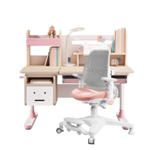 fcd kids desk and chair set, ergonomic wood adjustable kids study desk with bookshelf, tiltable desktop, tablet holder and drawers for writing, reading and drafting (desk and chair, pink)