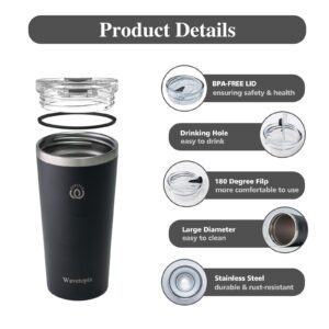 Wavetopia Insulated Coffee Mug with Lid, Reusable Stainless Steel Travel Coffee Cup, 16 Oz Double Wall Vacuum Spill Proof Tumbler Cups for Men and Women Hot & Cold Drinks（Black）