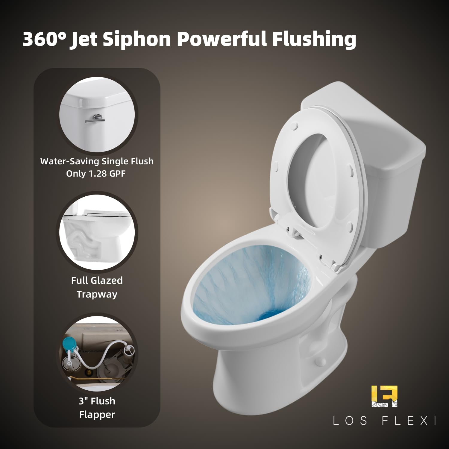 19 Inch High Toilet, Los Flexi ADA & Elongated Extra Tall Toilet for Seniors, Comfort Height Two-Piece Toilet With Soft-Close Seat,12” Rough-In, S-Trap, Siphonic Flush 1.28 GPF