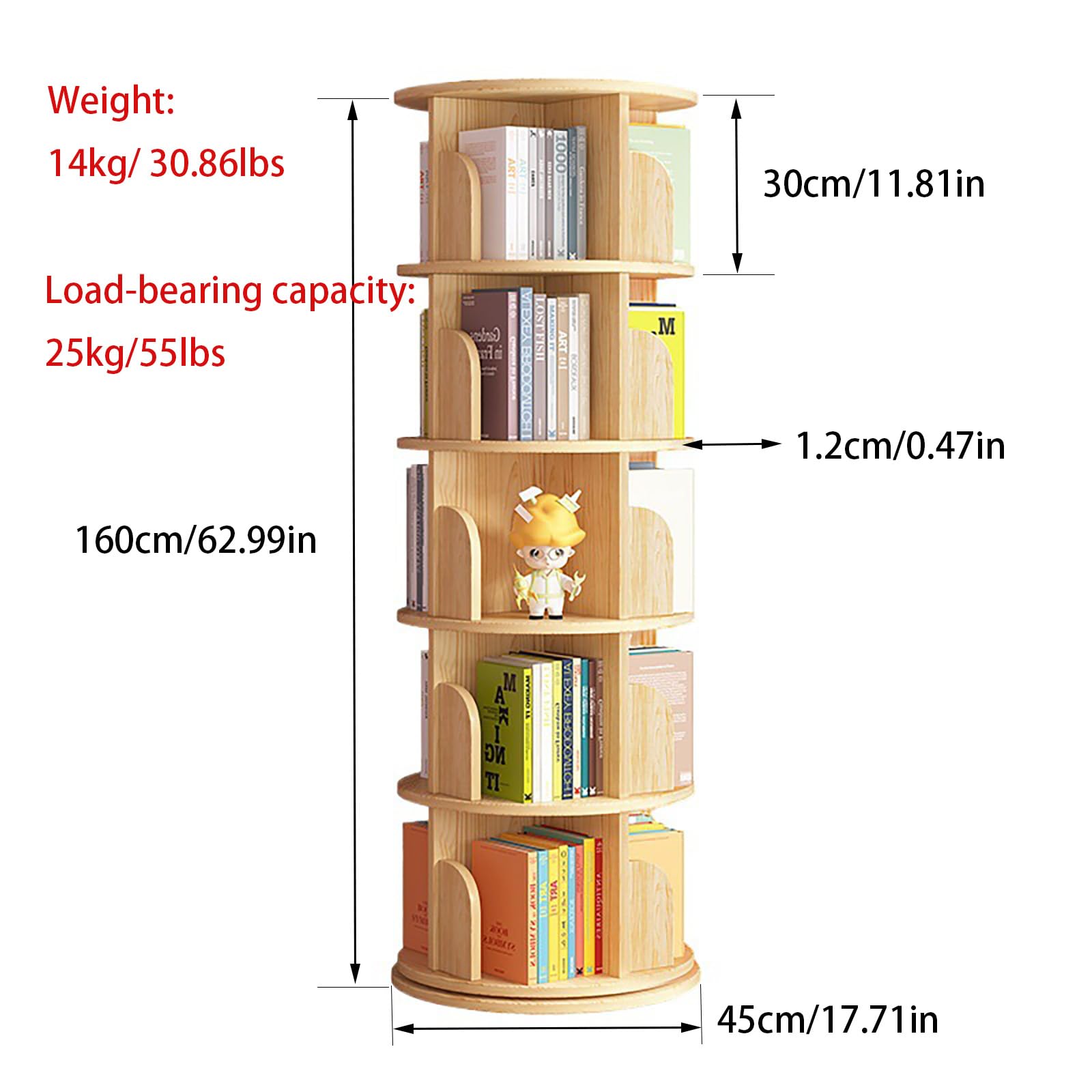 5 Tier Rotating Bookshelf Tower, Spinning Bookcase 360 Revolving Book Shelf, Floor Standing Bookcase Storage Rack for Kids Adults Solid Wood Bookshelf Organizer