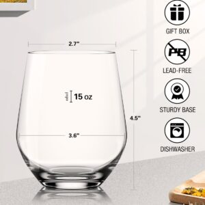 OJA Stemless Wine Glasses Set of 4, Premium Crystal Red White Wine Glasses, No Stem, Clear-15oz, Sturdy Drinking Glass for Daily Use, Birthday, Wedding, Home Party, Anniversary, Shower Gift