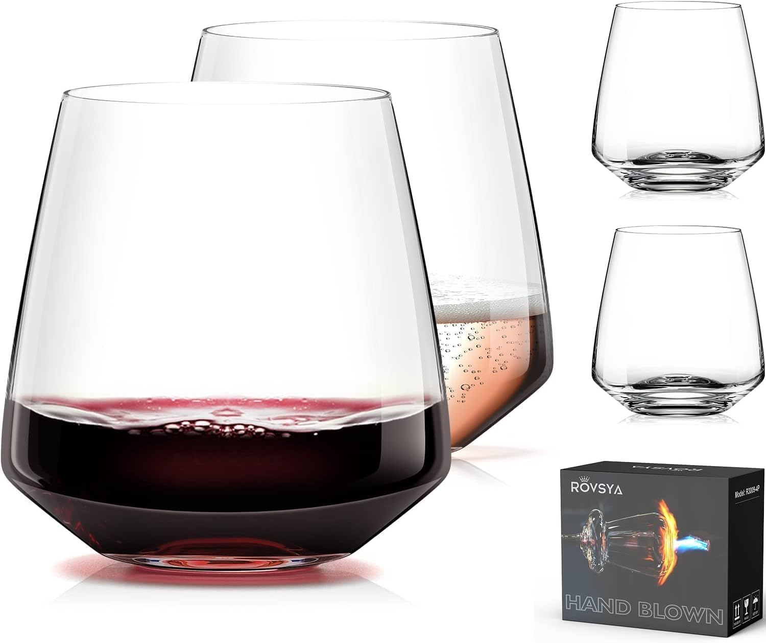 Stemless Wine Glasses Set of 4-13.5oz，Hand Blown Red White Wine Glasses - Unique gifts for him/her for Birthday, Wedding, Christmas, father's day, anniversary