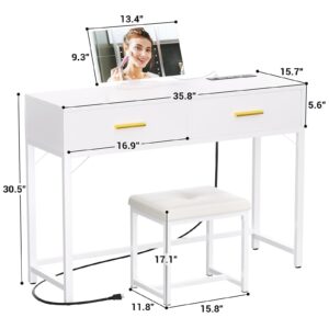 Girapow Vanity Desk with Power Outlets and Lights, 36'' Makeup Vanity with Tri Fold Lighted Mirror, White Vanity Set with Drawers, Vanity Table with Cushion Stool, Small Makeup Table for Bedroom,White