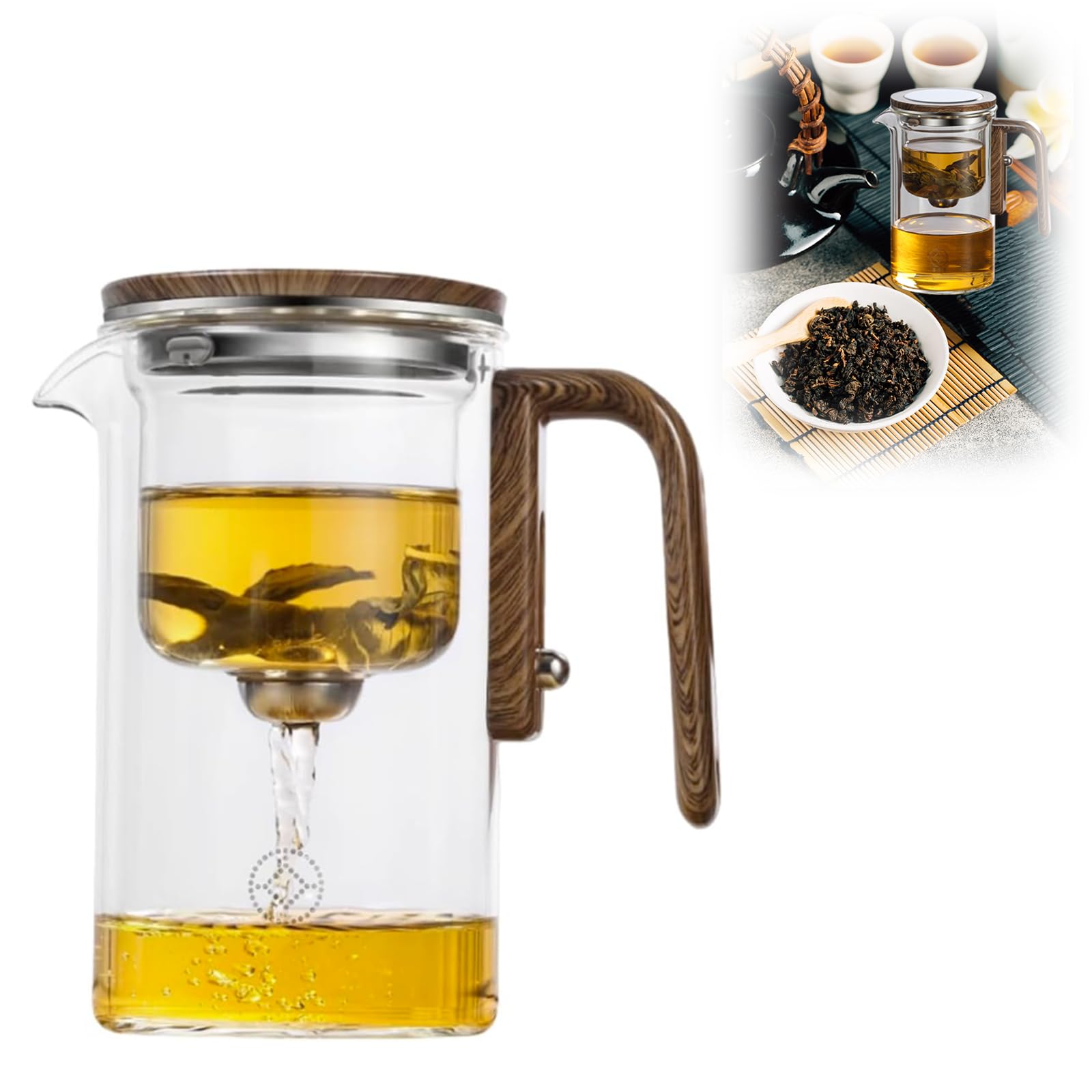 Enchanti Tea Pot, Witchcraft Teapot, Magical Teapot, Glass Tea Pot with Strainer, Water Separation Glass Teapot with Wooden Handle, Glass Teapot with Infuser (600ml 1Pcs)