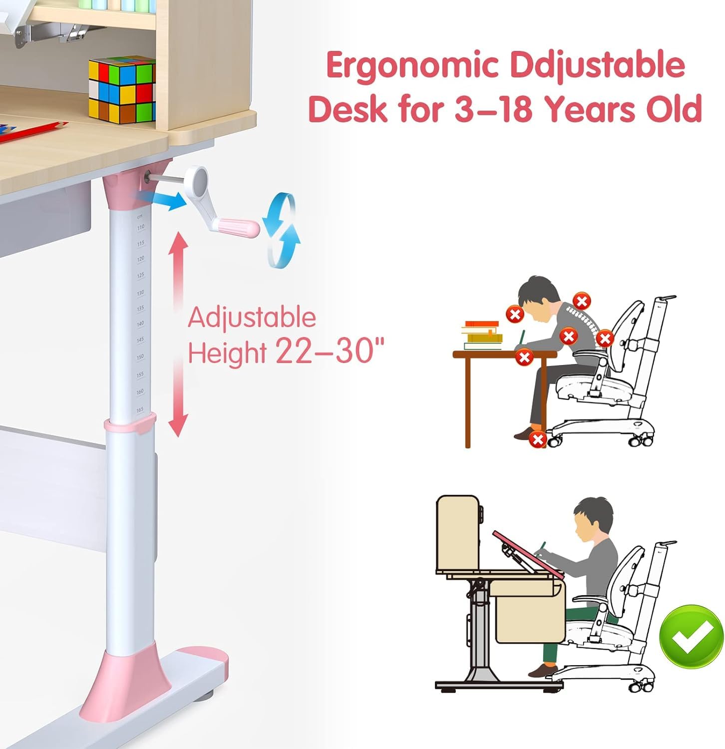 FCD Kids Desk and Chair Set, Ergonomic Wood Adjustable Kids Study Desk with Bookshelf, Tiltable Desktop, Tablet Holder and Drawers for Writing, Reading and Drafting (Desk and Chair, Pink)