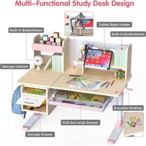 FCD Kids Desk and Chair Set, Ergonomic Wood Adjustable Kids Study Desk with Bookshelf, Tiltable Desktop, Tablet Holder and Drawers for Writing, Reading and Drafting (Desk and Chair, Pink)