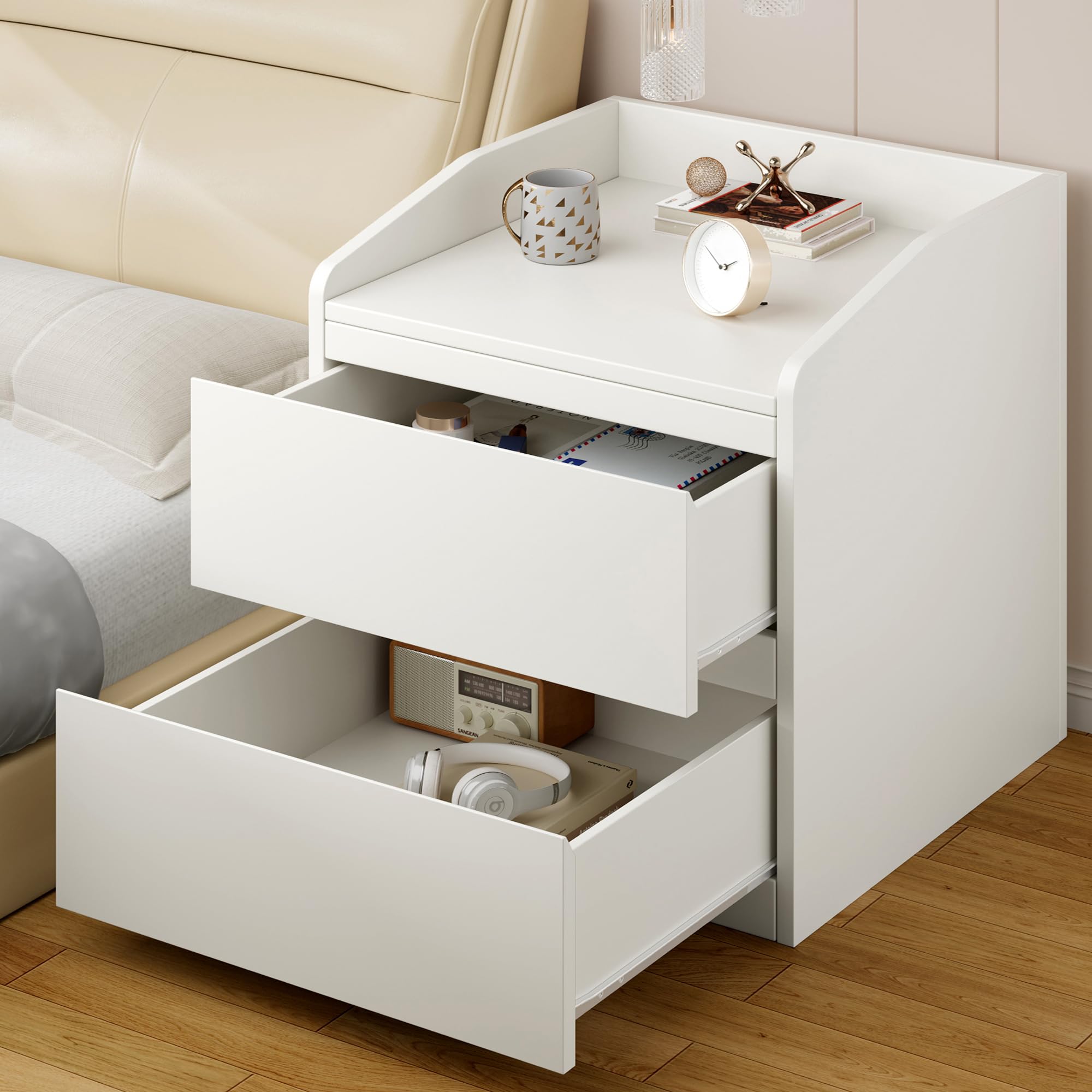 IDEALHOUSE Nightstand with Drawers Bedside Table White End Table Modern Bed Side Table 2 Drawers Night Stand Drom Side Table Curved with Handle Free Design for Living Room