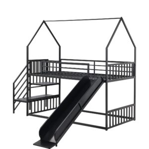 THINK 30 Metal House Bunk Bed, House Bed with Slide and Staircase, Twin Size, Black