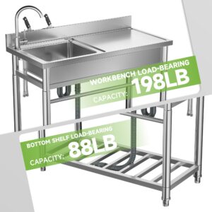 39.3'' Stainless Steel Utility Sink with Cold and Hot Water Pipes, Free Standing Sink with Workbench & Storage, Portable Laundry Sink for Indoor & Outdoor