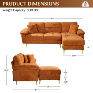 OUYESSIR L Shaped Sectional Sofa Couch, 88" Upholstered Velvet 3 Seat Sofa with Ottoman and Pillows, Comfy Couch Sleeper for Living Room, Bedroom (Orange)