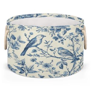 xosoxruk blue birds branches round storage basket, collapsible circle storage bin with rope handle, toy blanket storage organizer decor for living room laundry room