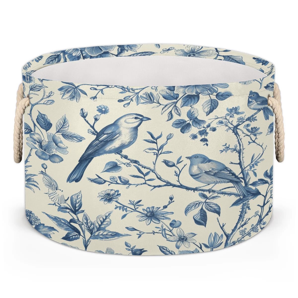 Xosoxruk Blue Birds Branches Round Storage Basket, Collapsible Circle Storage Bin with Rope Handle, Toy Blanket Storage Organizer Decor for Living Room Laundry Room