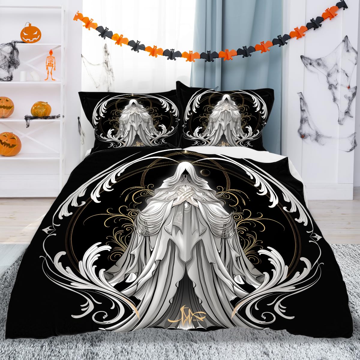 DiuuDi White Ghost Duvet Cover Twin Size 3D Printed Black Duvet Cover Set Hands Together Golden Decoration Bedding Set Home Decoration Comforter Cover Cozy Quilt Cover with 2 Pillowcases