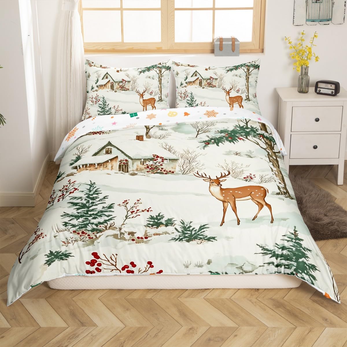 Feelyou Christmas Deer Elk Duvet Cover Set Merry Christmas Pine Tree Bedding Set Twin Size for Boys Girls Bedroom Bed Decor Winter Christmas Xmas Comforter Cover Xmas Quilt Cover for All Season