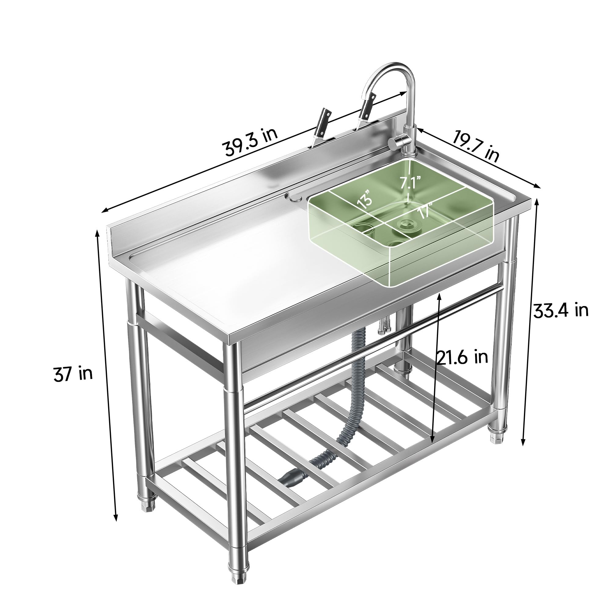 39.3'' Stainless Steel Utility Sink with Cold and Hot Water Pipes, Free Standing Sink with Workbench & Storage, Portable Laundry Sink for Indoor & Outdoor