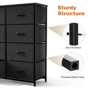 Bedroom Dresser, Tall Dresser and Fabric Storage Tower, Bedroom Chest of Drawers, Organizer Unit with 8 Drawers, Locker, Hallway, Closet, Wooden Top and Sturdy Steel Frame (Black)