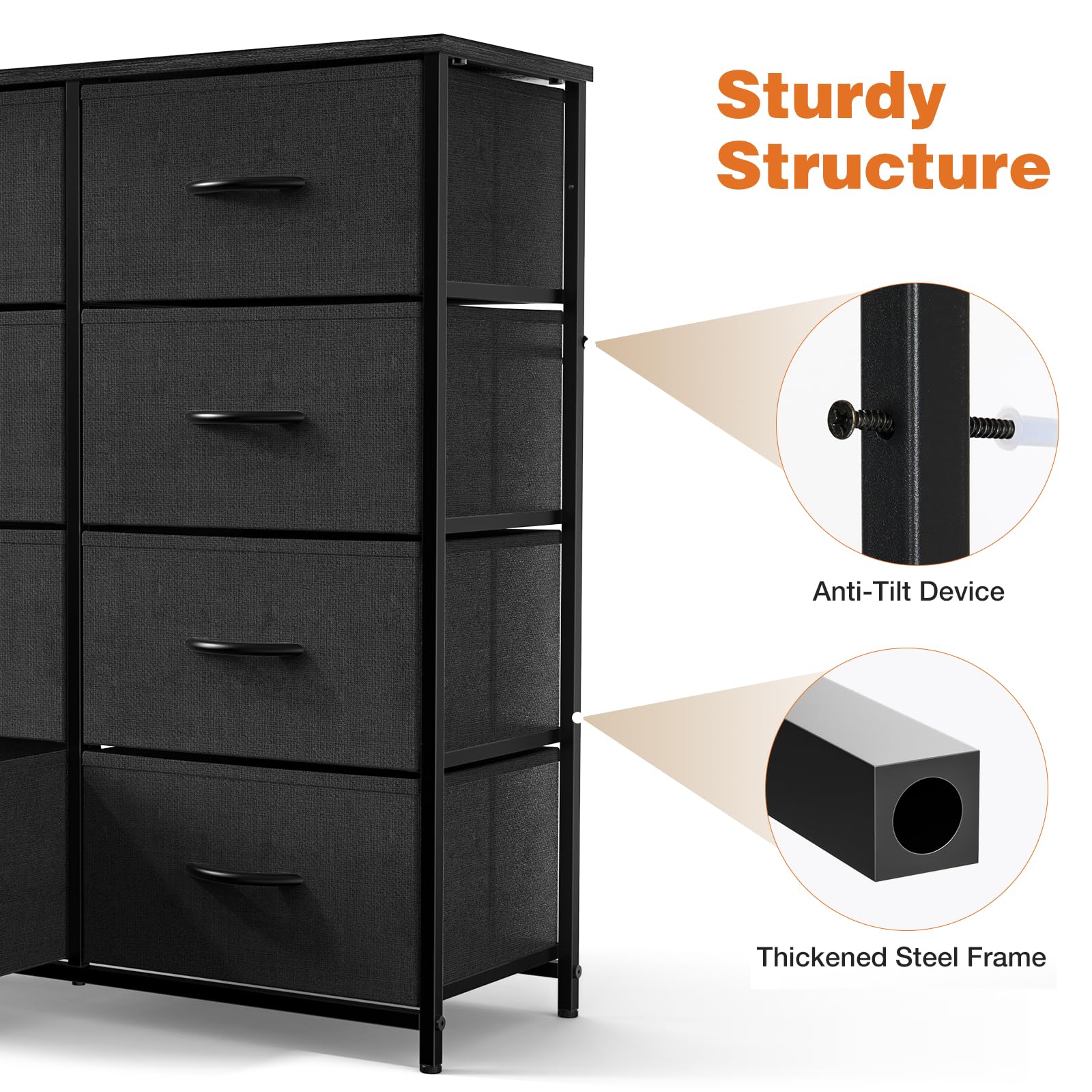 Bedroom Dresser, Tall Dresser and Fabric Storage Tower, Bedroom Chest of Drawers, Organizer Unit with 8 Drawers, Locker, Hallway, Closet, Wooden Top and Sturdy Steel Frame (Black)