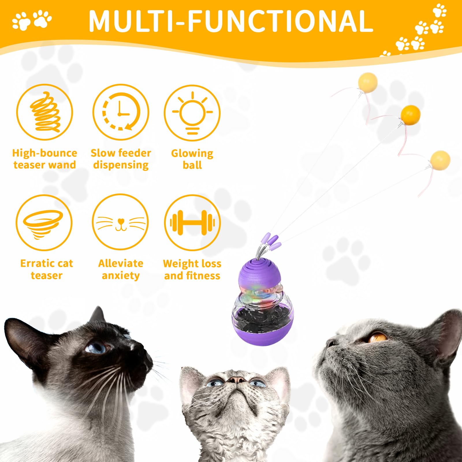 COSOWO Cat Interactive Toys Engaging Wand, Slow Food Treat Dispenser, and Tumbler Design for Indoor Cats Durable, Non-Toxic, Ideal for Exercise and Boredom Relief Gift for Kitten, Purple