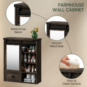 Bathroom Wall Cabinet, Farmhouse Medicine Cabinet with Sliding Mirror Door and Adjustable Shelves, Over The Toilet Space Saver Storage Cabinet with Towels Bar, Wall Mounted Cupboard