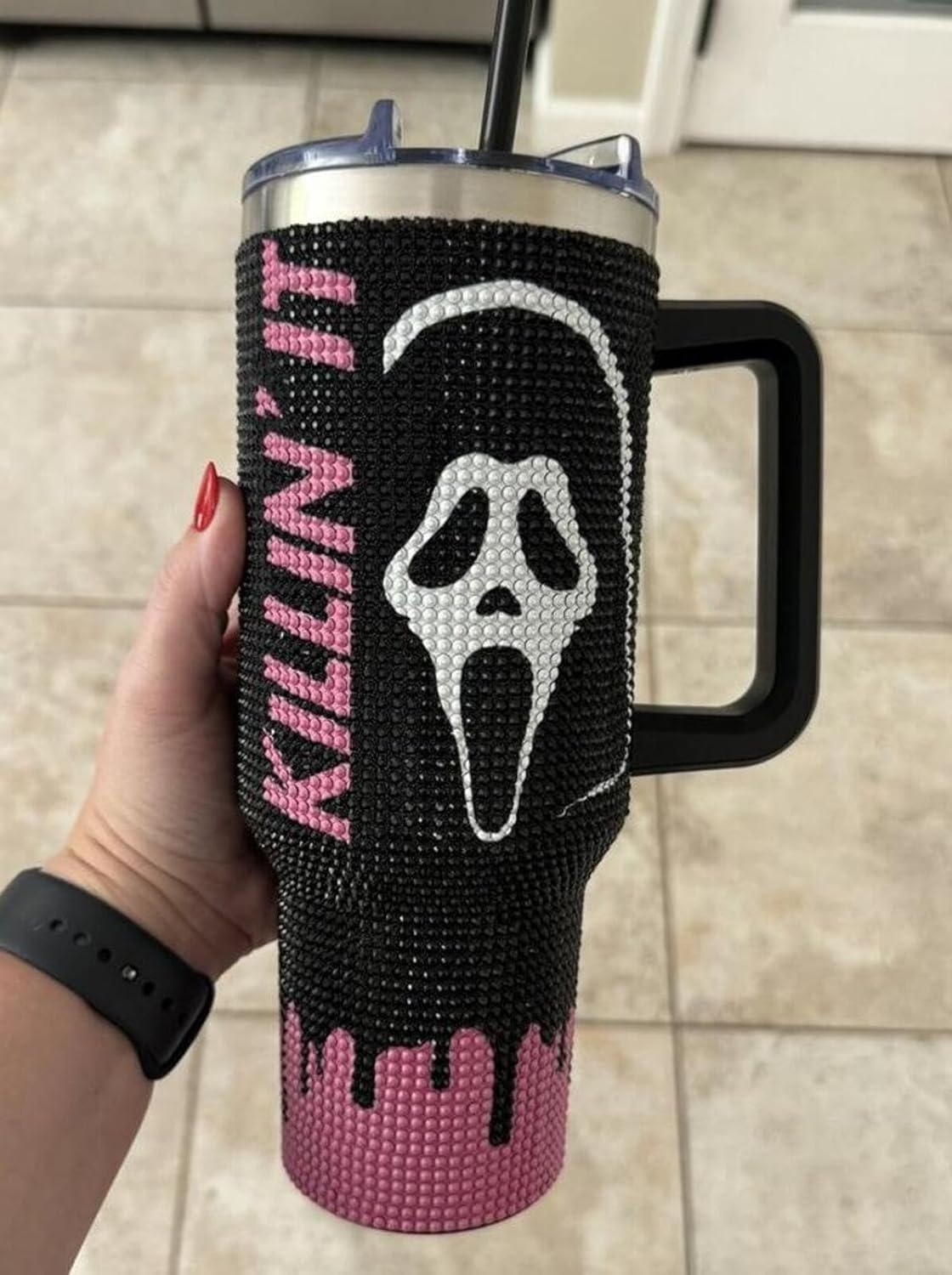 Halloween Ghost Killin'it Face Travel Scream Tumbler with Straw - Scream Cup, 40 oz Ghost Tumbler with Handle and Straw Lid, Halloween Ghost Face Cup