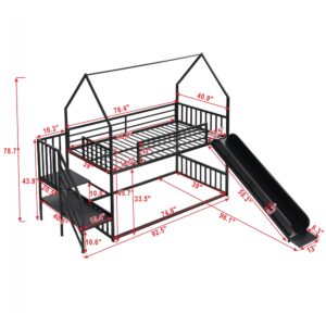 THINK 30 Metal House Bunk Bed, House Bed with Slide and Staircase, Twin Size, Black