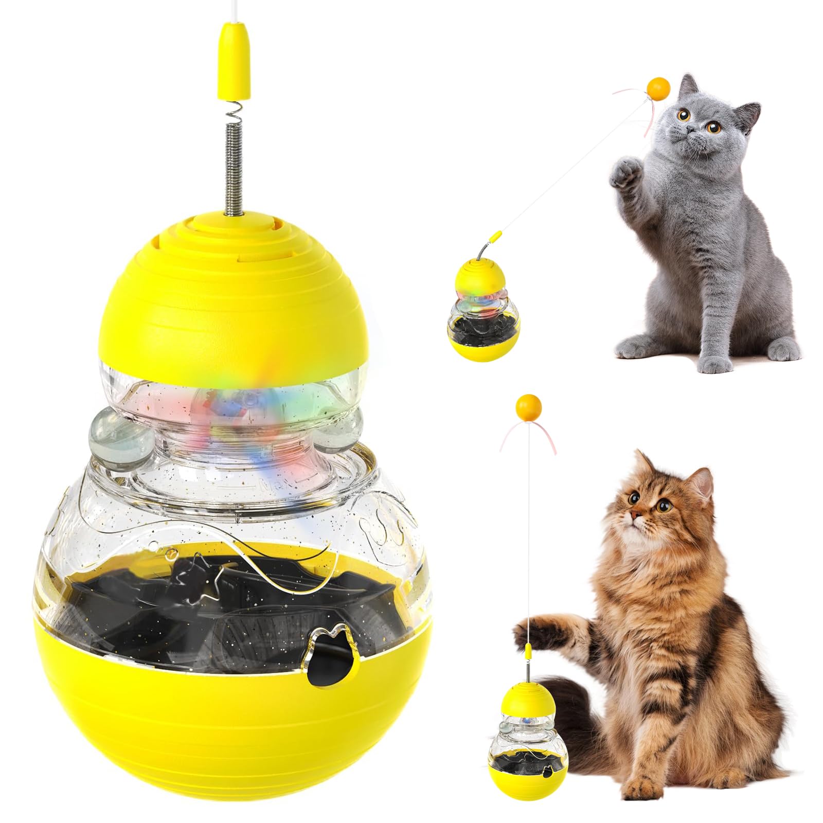 COSOWO Cat Interactive Toys Engaging Wand, Slow Food Treat Dispenser, and Tumbler Design for Indoor Cats Durable, Non-Toxic, Ideal for Exercise and Boredom Relief Gift for Kitten, Yellow