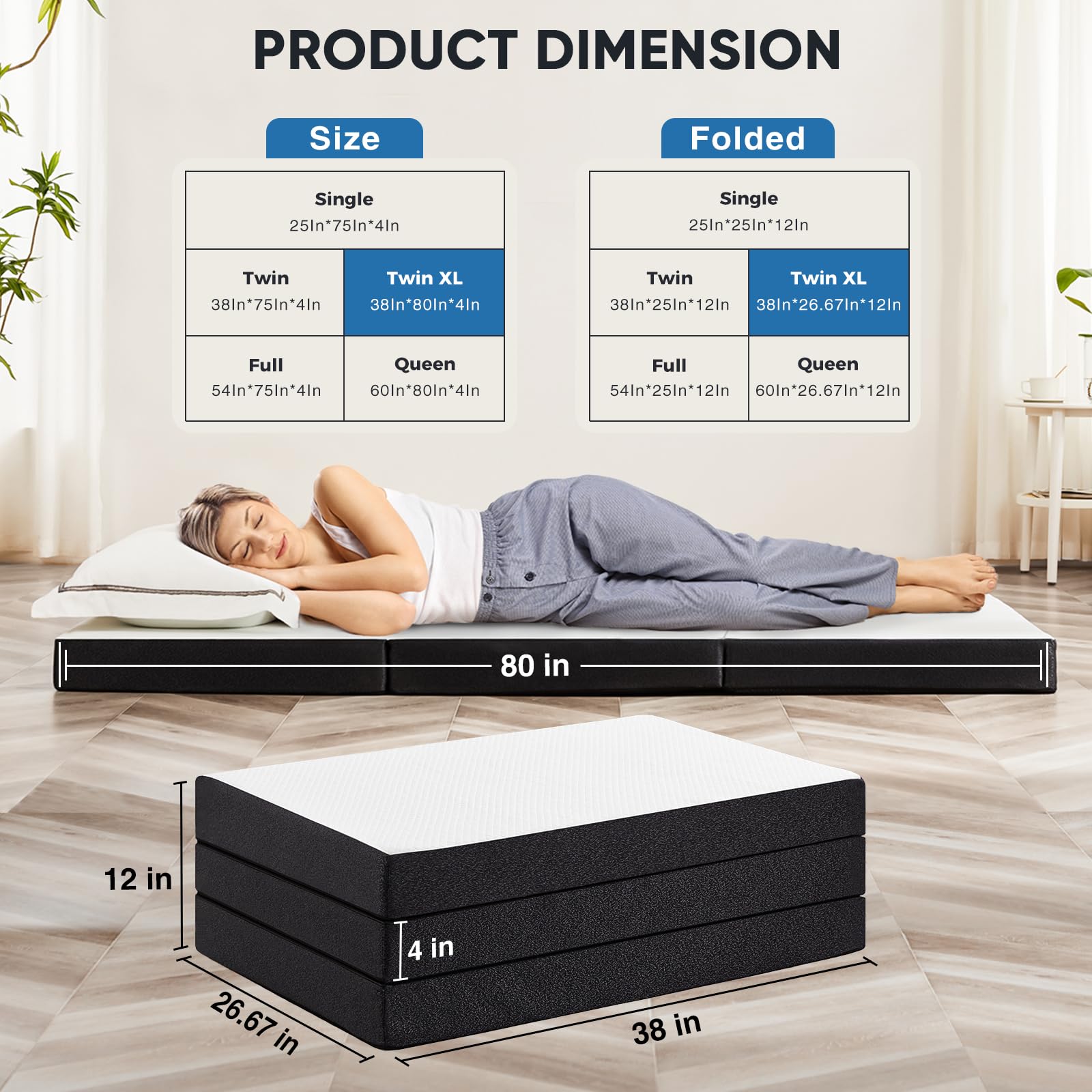 UOCFYK Tri-fold Memory Foam Mattress, 4 Inch Folding Mattress Topper with Washable Cover, Folding Memory Foam Mattress, Comfortable Support Twin XL Size 38"x 80"x 4"